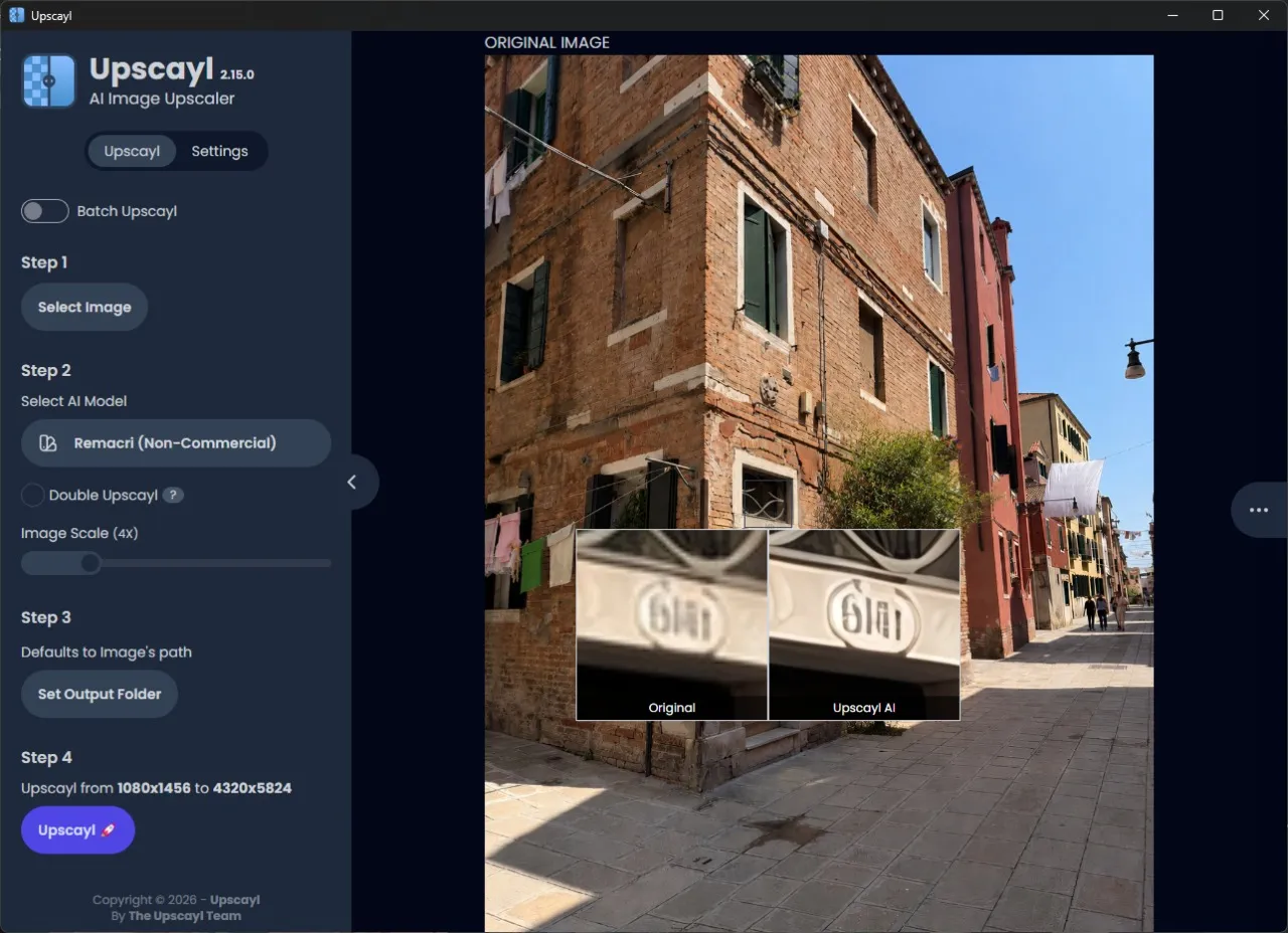 A screenshot of Upscayl showing a falsely-upscaled view of the house number